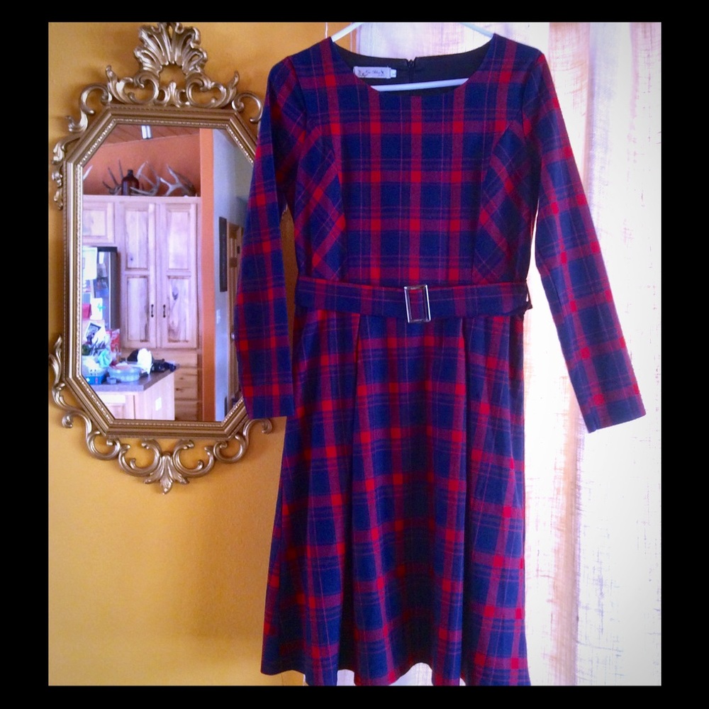 Trendy and Modest red and navy Flannel Print Dress